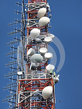 Group of antennas, satellite dishes for telecommunications, television broadcast, cellphone, radio and satellite on Linzone