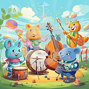 Group of anthropomorphic animals playing musical instruments in a vibrant outdoor setting