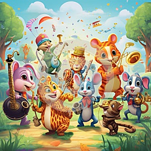 Group of anthropomorphic animals playing musical instruments in a vibrant outdoor setting