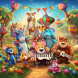 Group of anthropomorphic animals playing musical instruments in a vibrant outdoor setting
