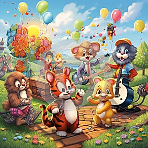 Group of anthropomorphic animals playing musical instruments in a vibrant outdoor setting