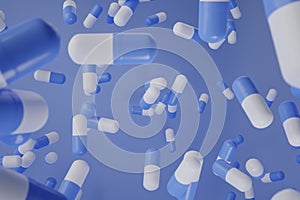 A group of antibiotic pill falling on a blue background. Healthcare and medical 3D concept