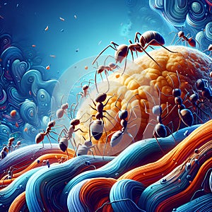 A group of ants moving a large crumb, abstract background, symbol of teamwork and coomunication, for a goal achivement, vibrant