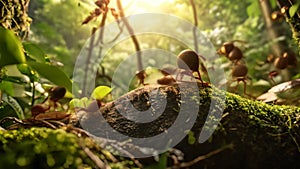 A group of ants standing together on top of a vibrant green forest, Ants following a pheromone trail in a lush forest, AI