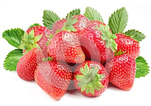 Group of appetizing strawberries with leaves on ba