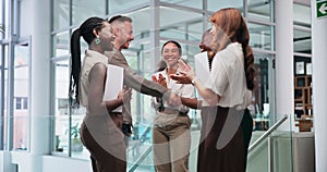 Group, applause or excited business people shaking hands in airport for b2b negotiation or discussion. Clap