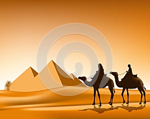 Group of Arab People with Camels Caravan Riding