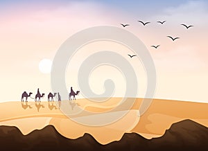 Group of Arab people riding with camels caravan in the desert