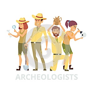 Group of archeologists isolated on white background. Vector archaelogists characters illustration