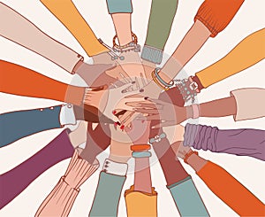 Group of arms and hands on top of each other in a circle of diverse multi-ethnic people.People of different cultures.Cooperation.