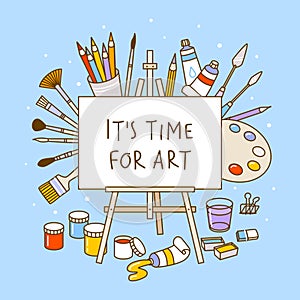 Group of art supplies on blue background - easel, paints, watercolor, palette, brushes, drawing pencils - cartoon objects for