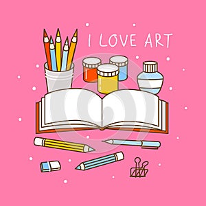 Group of art supplies  - sketchbook, paints, drawing pencils - cartoon objects for happy art design