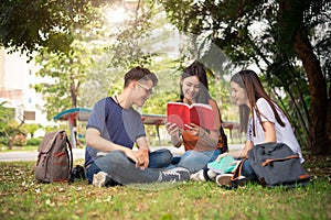 Group of Asian college student reading books and tutoring special class for exam on grass field at outdoors. Happiness and