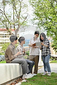 A group of Asian college students enjoy talking or sharing ideas on their project at the campus park