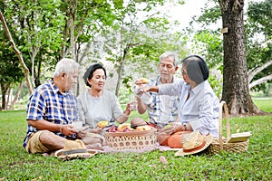 A group of Asian elders are sitting, relaxing and preparing snacks in the shady garden. photo