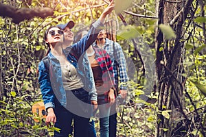 Group of Asian friendship adventure in forest jungle view background. Girl pointing finger to sky or tree top. People lifestyle