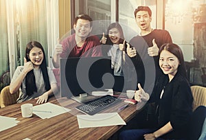Group of asian younger freelancing team work happiness emotion i
