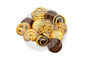 A group of assorted cookies. Chocolate chip, oatmeal, raisin, Danish cookies and biscuits in the shape of a spiral pattern isolate