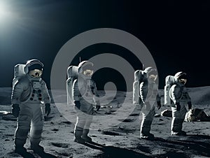 Group of astronauts standing on the lunar surface during the daytime. AI-generated.