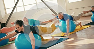 Group of athletes doing bird dog pose on big blue fitball