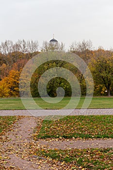 Group of autumn trees around historical park.