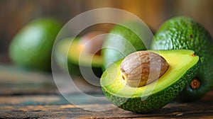 Group of Avocados on Wooden Table