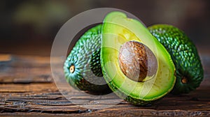 Group of Avocados on Wooden Table
