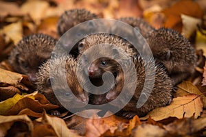 group of baby hedgehogs, uncurling in a pile of autumn leaves