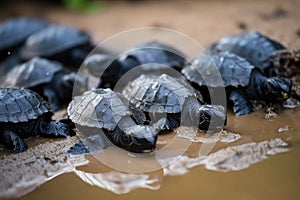 group of baby turtles huddled together, on their journey to the ocean