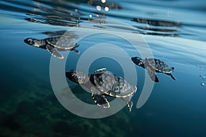 group of baby turtles swimming in unison, toward the horizon