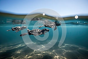 group of baby turtles swimming in unison, toward the horizon