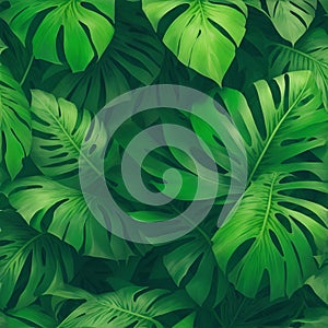 Group background of green tropical leaves ( monstera, palm, coconut leaf, fern, palm leaf,