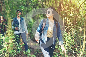 Group backpack people travel and explore adventure in nature.