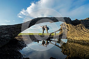 Group backpack  woman people travel and explore adventure pointing  in nature.