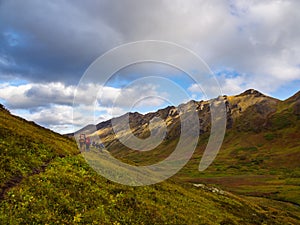 Group of Backpackers Trail, Autumn in Alaska Valley