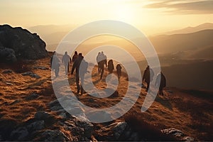 A group of backpackers walking through the mountains at sunset.