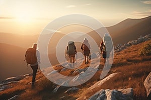 A group of backpackers walking through the mountains at sunset.