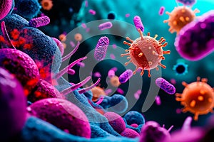 A group of bacteria and viruses in a blue background