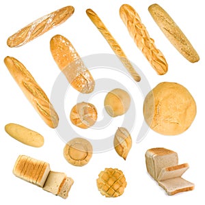 Group of baguettes, buns and sliced bread