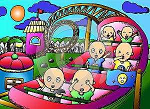 A group of bald heads riding a roller coaster