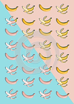The group of bananas against blue and pink background