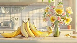 A group of bananas on a kitchen counter doing the worm the one in the front accidentally knocking over a vase of flowers