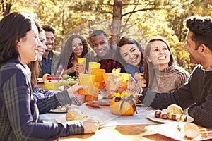 Group at a barbecue sitting at table all looking to one friend