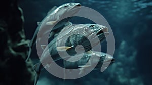 A group of barracuda fish, swimming underwater