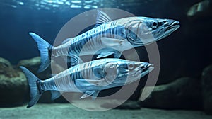 A group of barracuda fish, swimming underwater