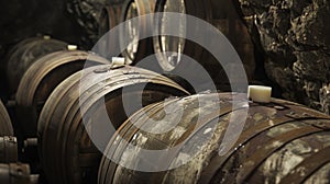 A group of barrels each labeled with a different vintage sit stacked on top of each other in a cool cavernous cellar photo