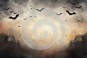 Group of bats flying through a cloudy sky