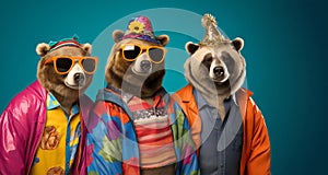 Group of bear in funky Wacky wild mismatch colourful outfits on bright background advertisement photo