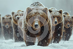 a group of bears moving along a snowy path together in the wild