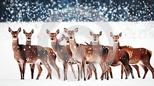 A group of beautiful female deer in the snowy white forest. Noble deer Cervus elaphus. Artistic Christmas winter image. Winter